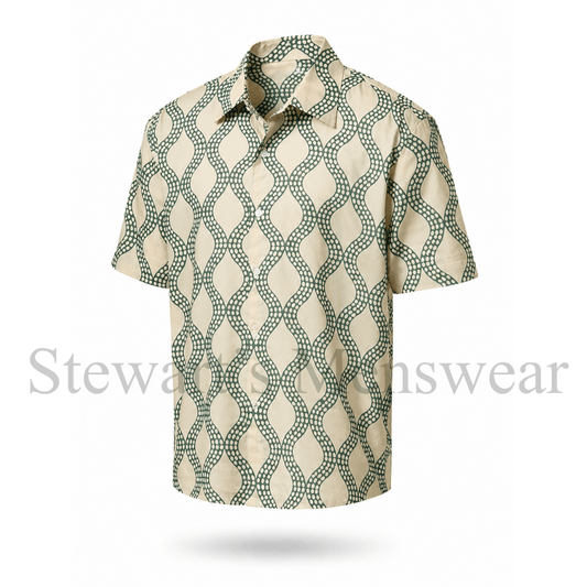Cochin Blue Python Shirt in sage green wave print, hand printed cotton voile shirt available at Stewart's Menswear Mullumbimby.