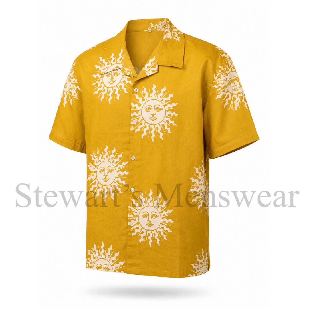Surya Gold Cochin Bros Shirt in mustard with hand printed sun face design, available at Stewart's Menswear Mullumbimby.
