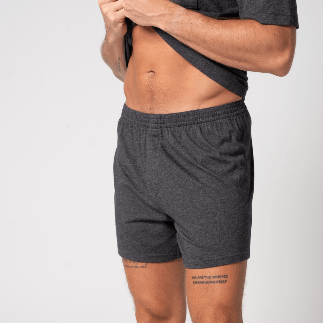 Contare CloudSoft Jersey 2-Pack Boxer Shorts in French Navy and Charcoal Marle, available at Stewart's Menswear Mullumbimby. Model wears Charcoal Marle.