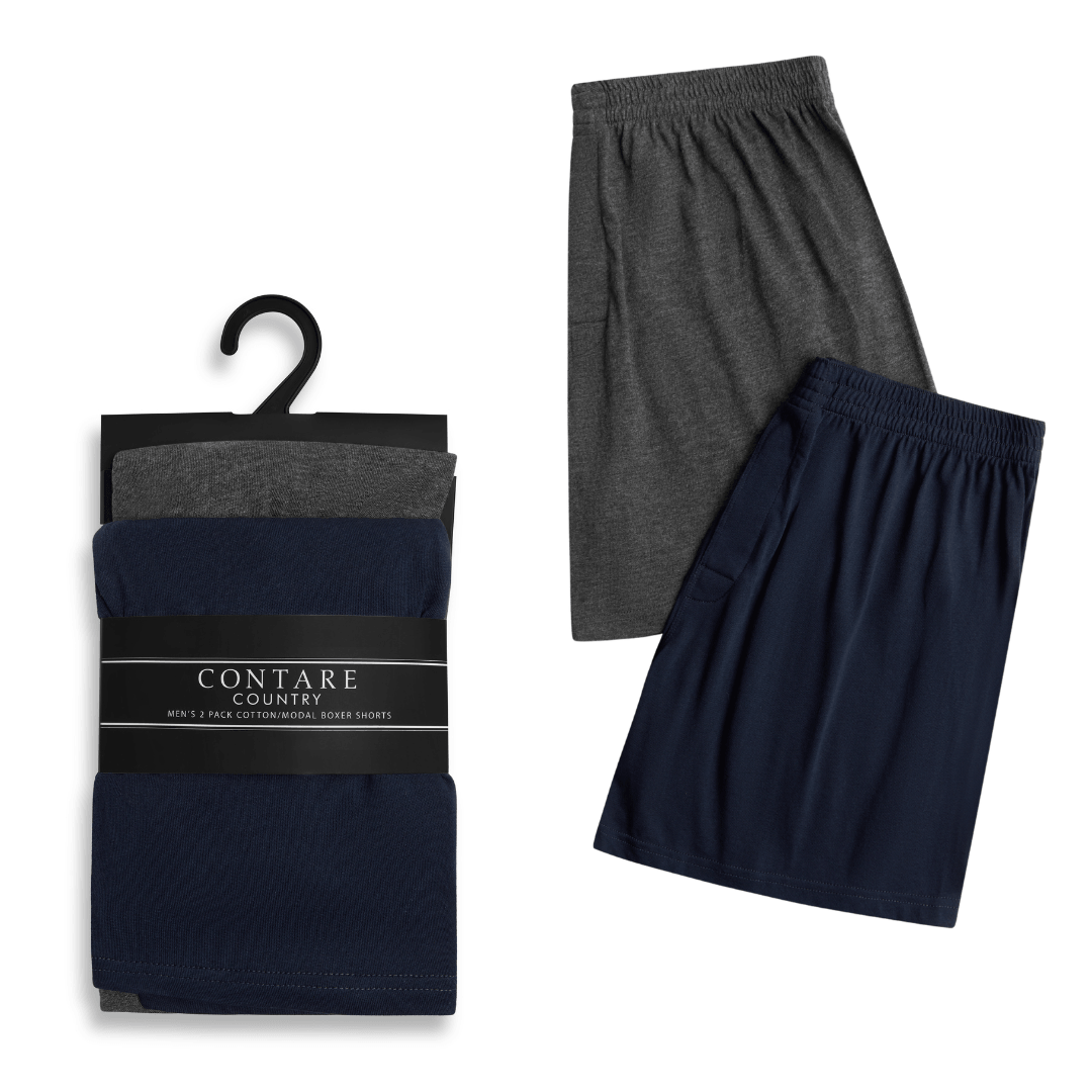 Contare CloudSoft Jersey 2-Pack Boxer Shorts in French Navy and Charcoal Marle, available at Stewart's Menswear Mullumbimby.
