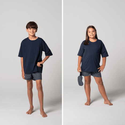 Contare Unisex Kids Cotton Tee and Boxer Set in Nightfall print, a cotton pyjama tee with chest pocket and matching boxer shorts, available at Stewart's Menswear Mullumbimby.
