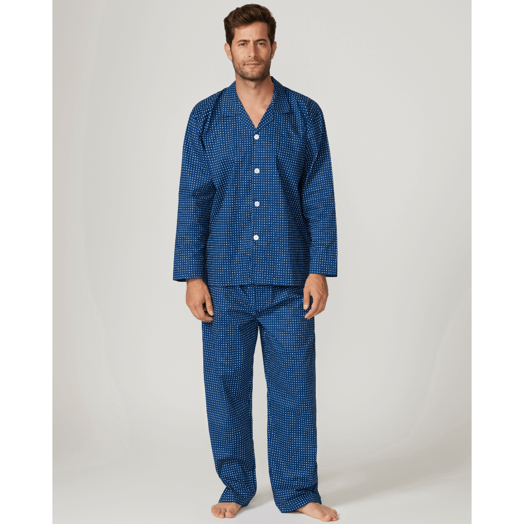 Stewarts Menswear Contare Featherweight pure cotton long sleeve pyjama set. Colour is Navy with small white print all over. Photo shows model wearing Contare Featherweight 100% cotton long pajama set, front view.