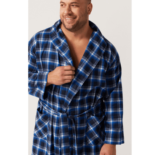 Stewart's Menswear Contare flannelette gown. Colour is Irish Country Tartan (Blue). Photo shows close up of model wearing Contare Flannelette Gown.