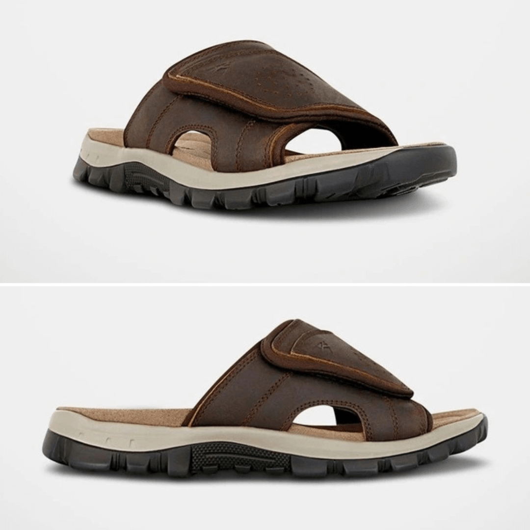 Stewarts Menswear. Explorer leather slide. Jacob leather slide. Photo shows side views of Explorer Jacob Leather slide