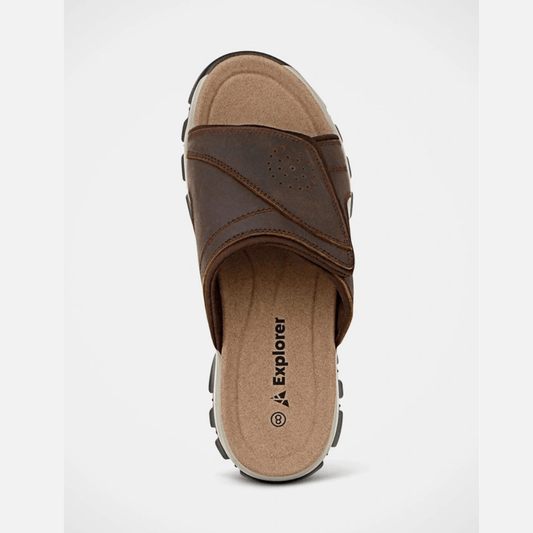 Stewarts Menswear. Explorer leather slide. Jacob leather slide. Photo shows top view of Explorer Jacob Leather slide