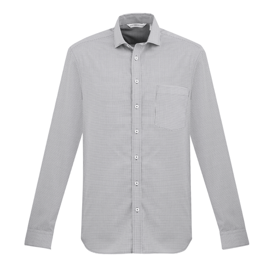 Front view of Jagger Men's Long Sleeve Shirt in silver micro houndstooth available at Stewart's Menswear Mullumbimby.