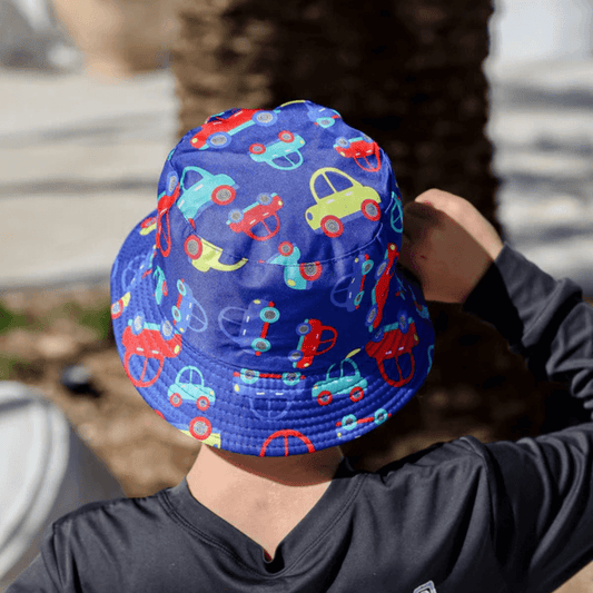 Stewarts Menswear Free Spirit Australia Kids Bucket Hat. Blue hat featuring a fun bright coloured car print all over.