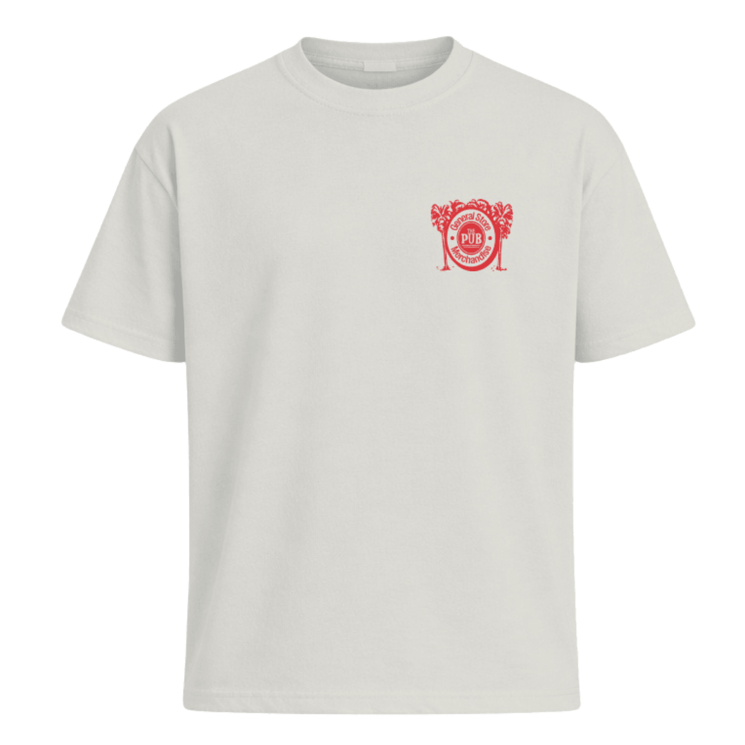 Front view of Just Going For One Tee in natural with vintage pub graphic print, relaxed fit cotton t-shirt available at Stewart's Menswear Mullumbimby.

