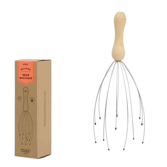 Stewarts Menswear Gentlemen's Hardware Head Massager. A photo of the hand held head massager alongside it's packaging box which is ready for gifting.