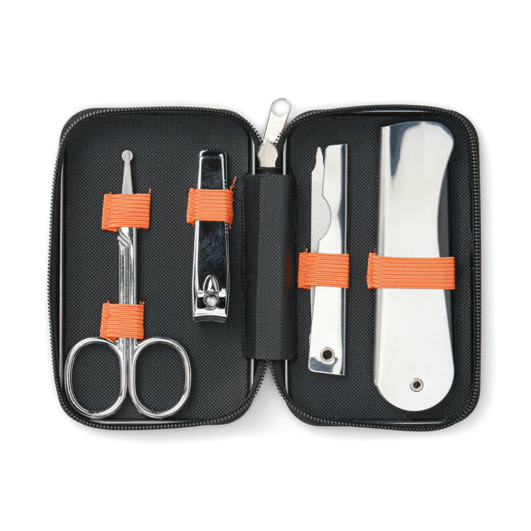 Inside of Gentleman's Hardware Manicure Set in tin with comb, nail file, scissors and clippers, available at Stewart's Menswear Mullumbimby.