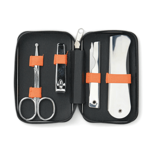 Inside of Gentleman's Hardware Manicure Set in tin with comb, nail file, scissors and clippers, available at Stewart's Menswear Mullumbimby.