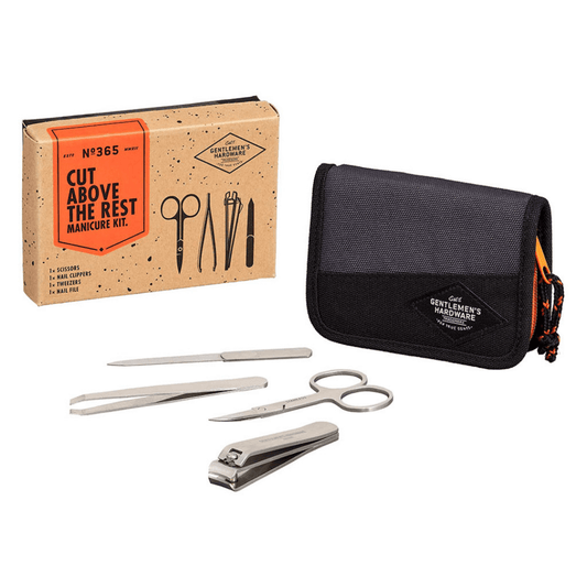 Stewarts Menswear Gentlemen's Hardware men's manicure set. Photo shows flat lay of zip up storage plus 4 items included in kit. Photo also shows gift box, ready for gifting.