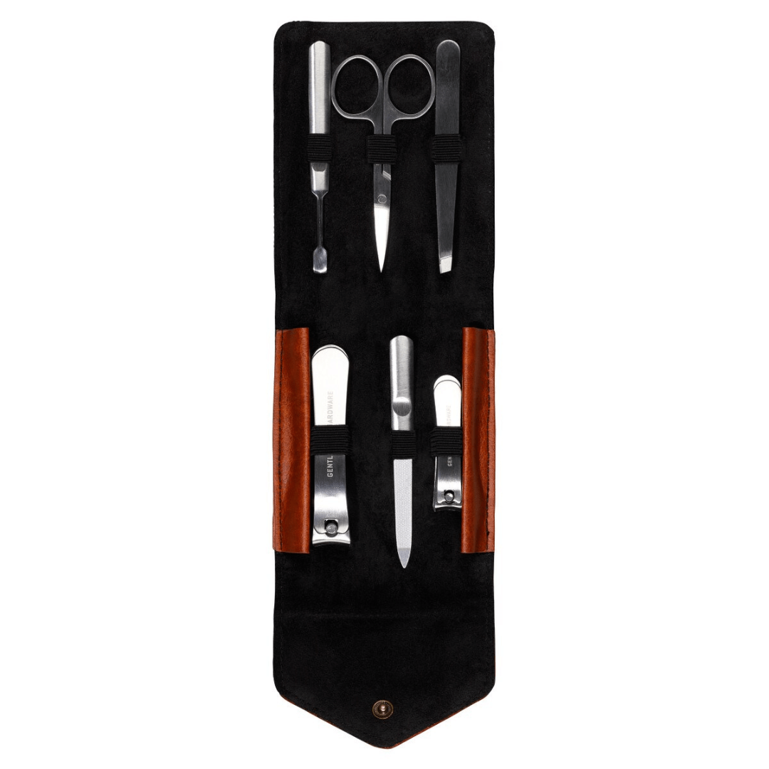 Stewarts Menswear Gentlemen's Hardware Men's manicure set. Photo shows inside of case with all 6 manicure tools.