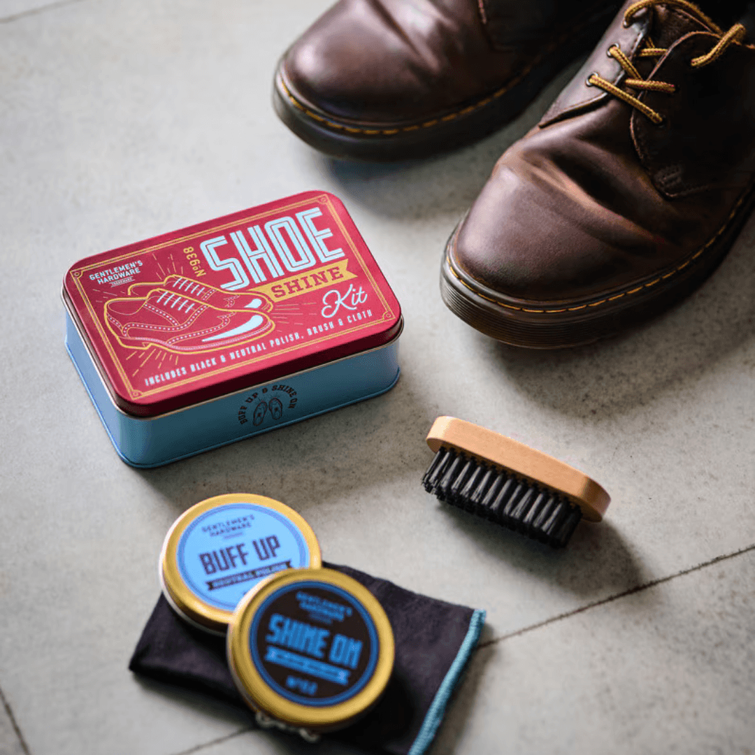 Gentleman's Hardware Shoe Shine Kit in tin with black and neutral polish, brush and cloth, available at Stewart's Menswear Mullumbimby (lifestyle Photo)