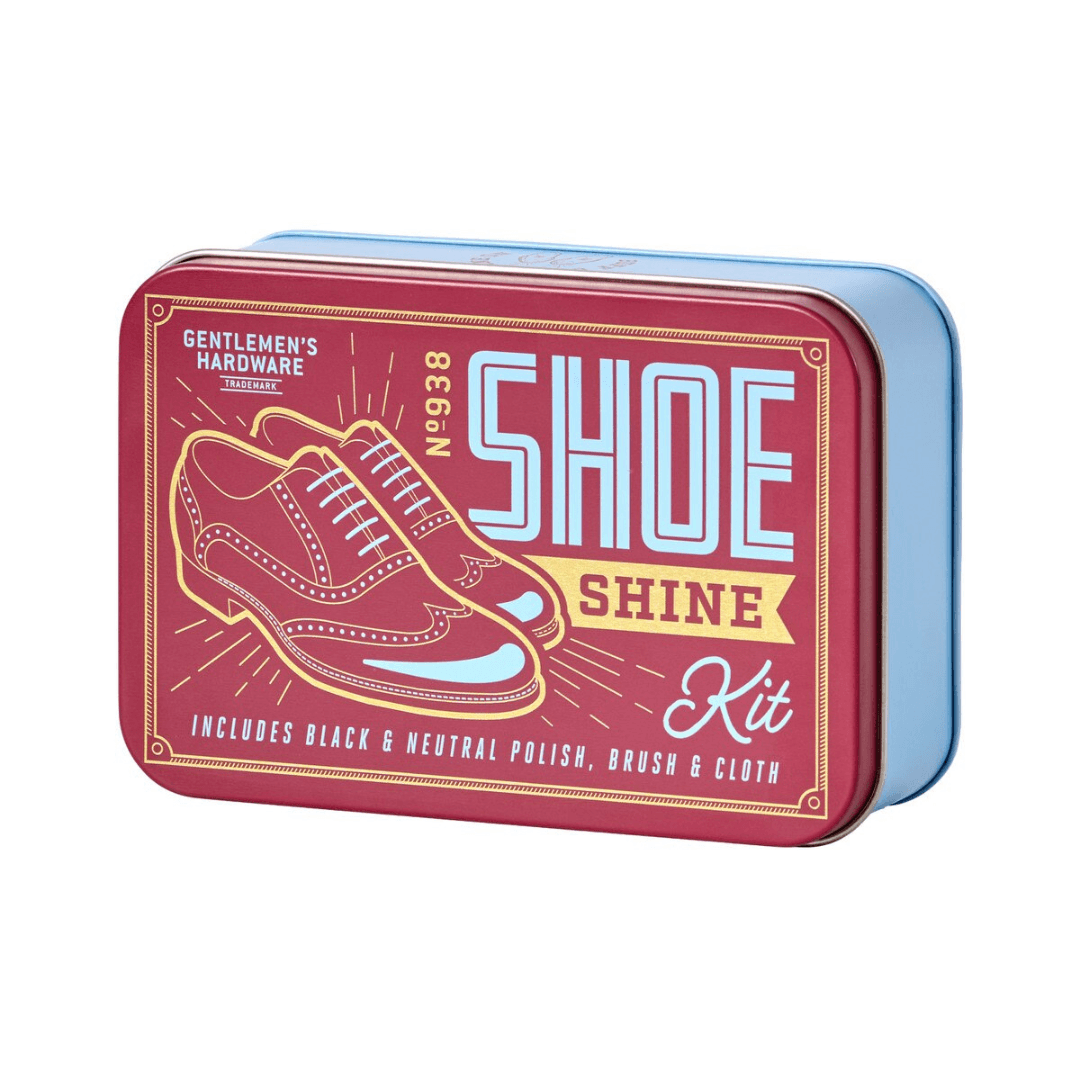 Gentleman's Hardware Shoe Shine Kit in tin with black and neutral polish, brush and cloth, available at Stewart's Menswear Mullumbimby.