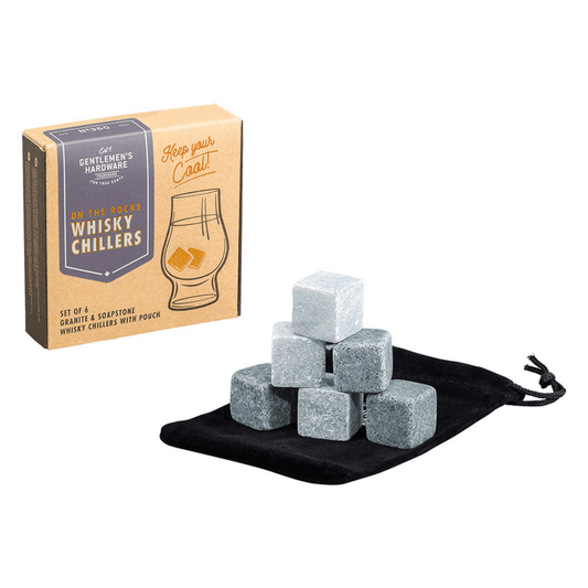 Stewarts Menswear Gentlemen's Hardware Whisky Chillers. A set of 6 rocks photographed on a black velvet pouch. Photo also shows gift box, ready for gifting.