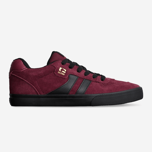 Stewarts Menswear, Mullumbimby. Globe Encore II skate shoe. Photo shows side view of Encore II skate shoe. Colour is Port (Maroon) with black sole and accents. Also has Gold Globe Logo near laces.