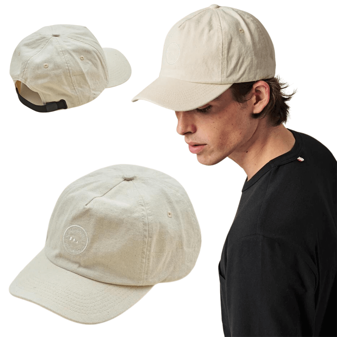 Stewarts Menswear Globe Full Circle cap. The Globe Full Circle Cap is your go-to everyday cap that ticks the sustainable fashion box as it is constructed entirely with 100% recycled thread, including the centre front embroidery. Made with 100% organic cotton bleach-free twill with a faux suede backstrap and a debossed metal clasp adjuster. Bleach free and dye free.