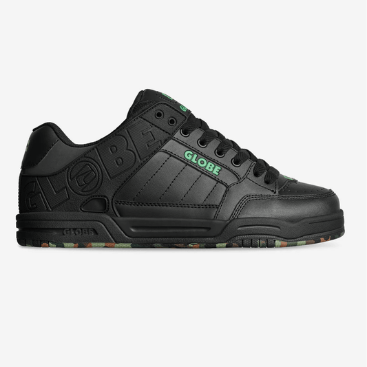 Stewart's Menswear, Mullumbimby. Globe Skate Shoe Tilt Black/Green/Mosaic. Photo shows side view of shoe. Predominantly black bulky style skate shoe with Green Globe branding.