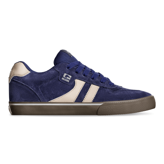 Globe Skate shoe Encore 2 in Dark blue available from Stewart's Menswear in Mullumbimby. The shoes feature a navy blue suede and mesh upper with beige stripes, navy blue laces, and a brown textured rubber sole