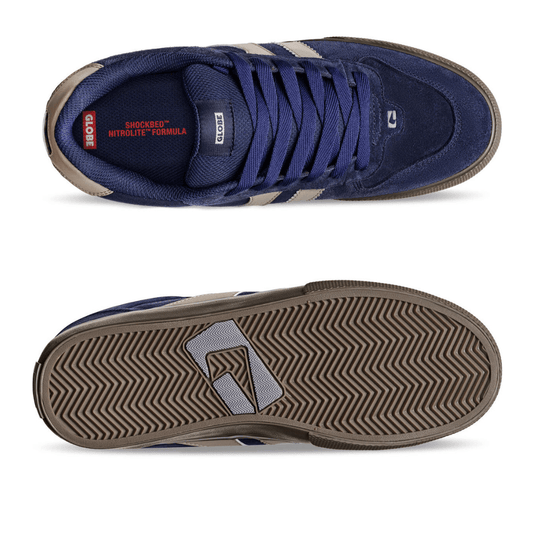 Globe Skate shoe Encore 2 in Dark blue available from Stewart's Menswear in Mullumbimby. The shoes feature a navy blue suede and mesh upper with beige stripes, navy blue laces, and a brown textured rubber sole