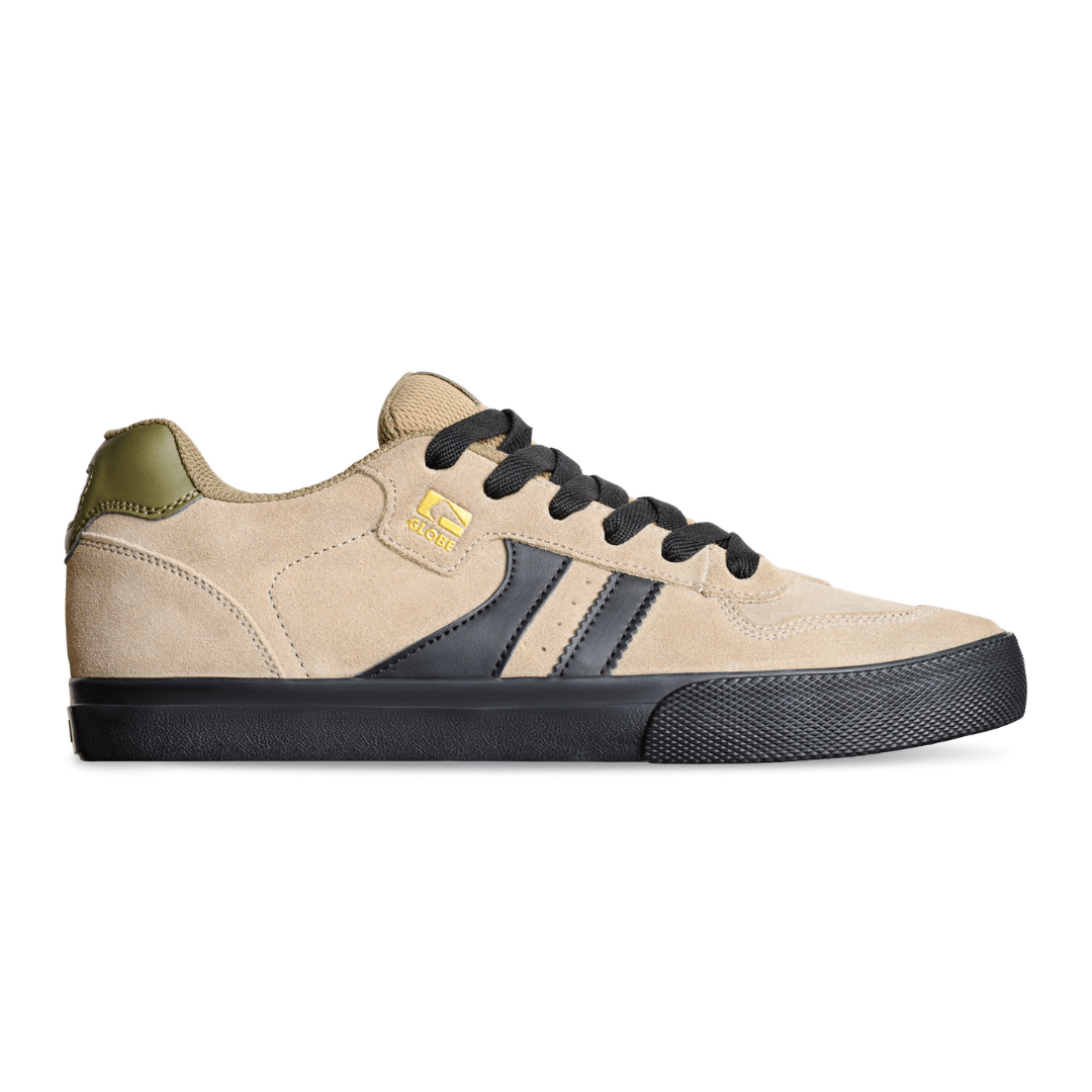 Globe Encore II Skate Shoe available at Stewart's Menswear, Mullumbimby. Desert coloured shoe with black trim and laces, side view.
