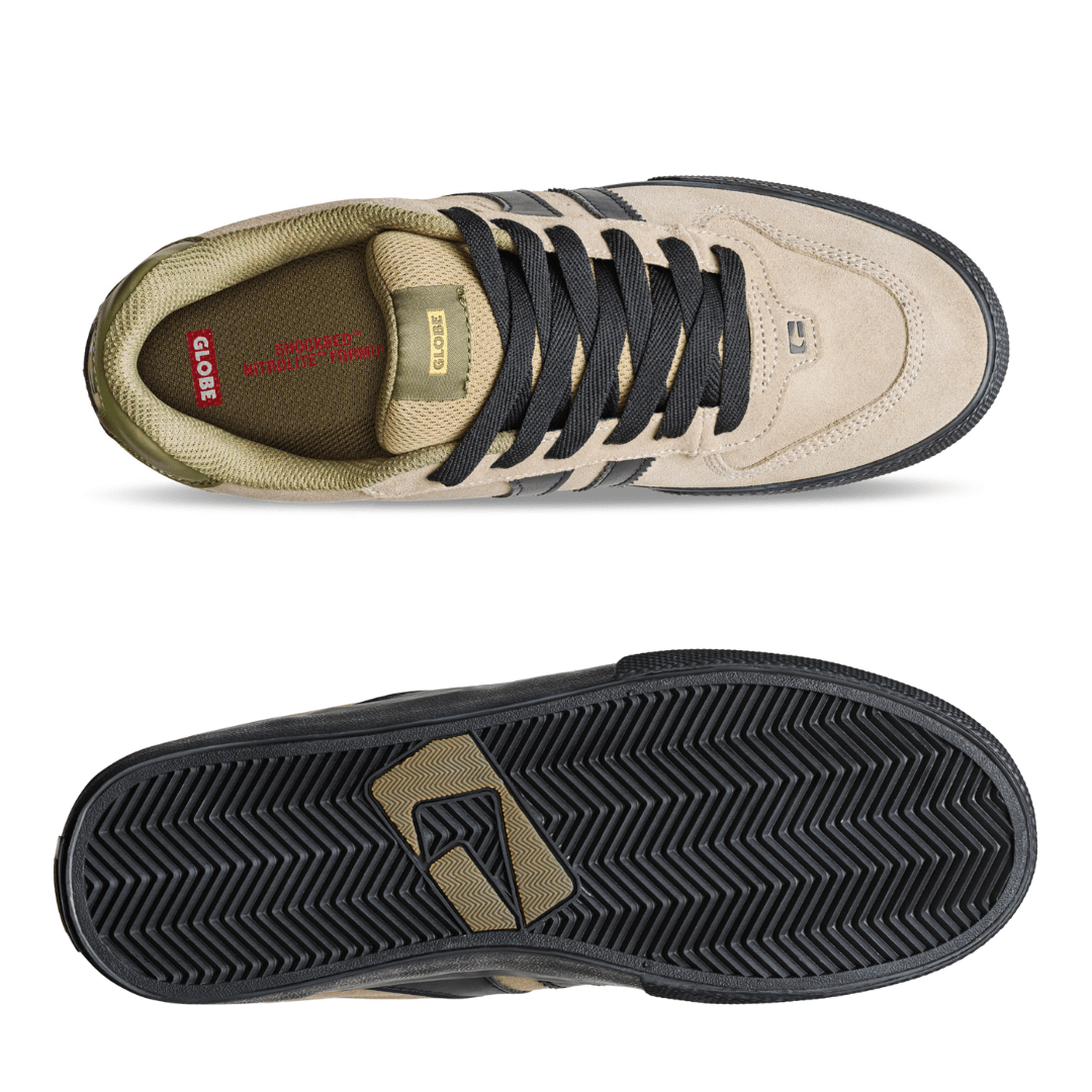 Globe Encore II Skate Shoe available at Stewart's Menswear, Mullumbimby. Desert coloured shoe with black trim and laces, top and sole view.