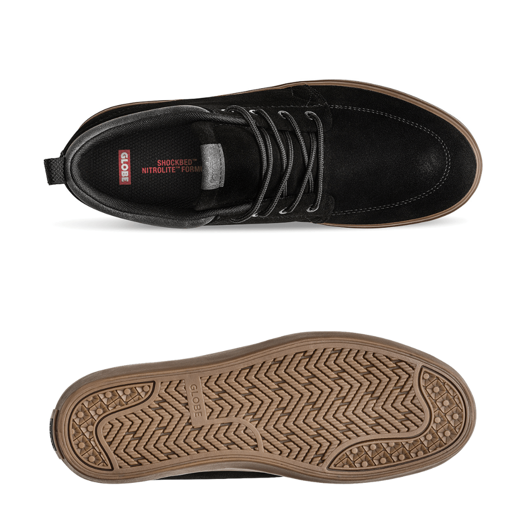 Globe GS Chukka skate shoe in black, grey and tobacco suede, available at Stewart's Menswear Mullumbimby.