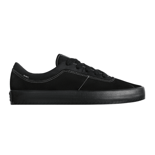 Side view of Globe Melbek Skate Shoe in black with white contrast stitching. Suede upper, padded collar and rubber outsole, men's skate sneakers available at Stewart's Menswear Mullumbimby.
