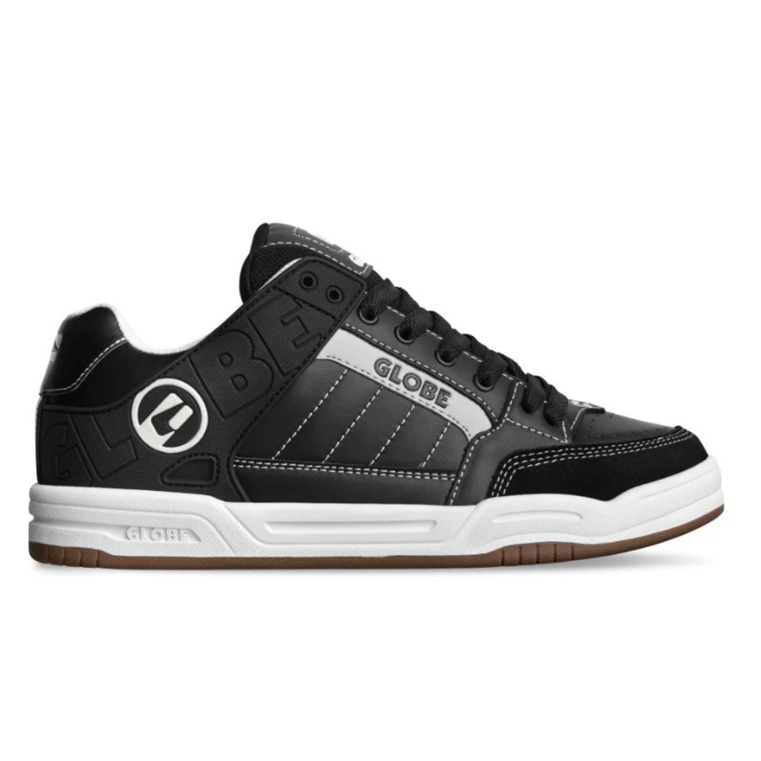 Globe Tilt Skate Shoe  available at Stewart’s Menswear Mullumbimby. Classic heritage skate shoe predominantly black with white trim, white stitching and white around sole.