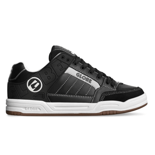 Globe Tilt Skate Shoe  available at Stewart’s Menswear Mullumbimby. Classic heritage skate shoe predominantly black with white trim, white stitching and white around sole.