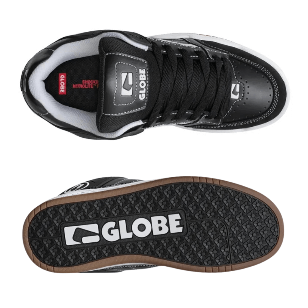 Globe Tilt Skate Shoe  available at Stewart’s Menswear Mullumbimby. Classic heritage skate shoe predominantly black with white trim, white stitching and white around sole. Top view and sole view.