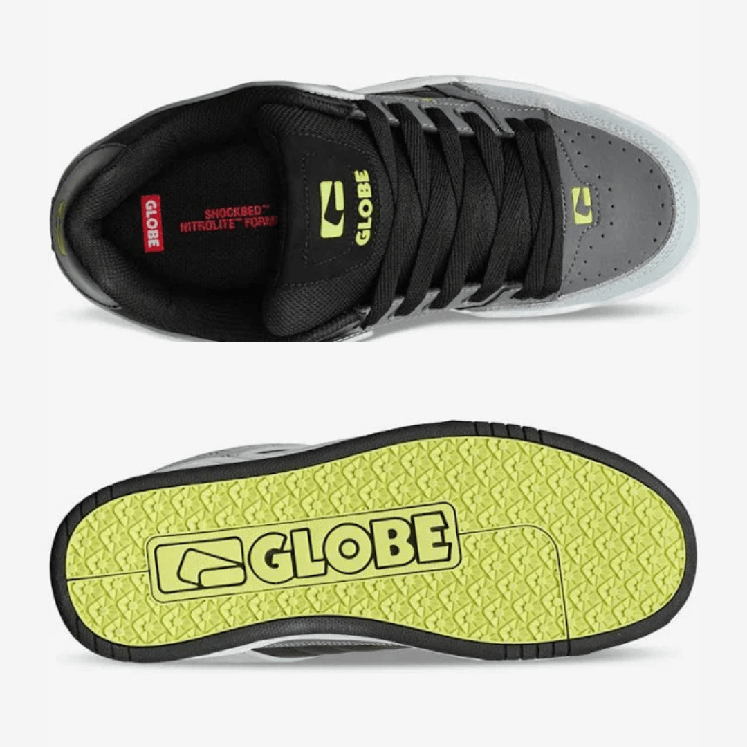 Globe Tilt Skate Shoe  available at Stewart’s Menswear Mullumbimby. Classic heritage skate shoe predominantly white and grey with black trim ad white around sole. Top view and Sole View