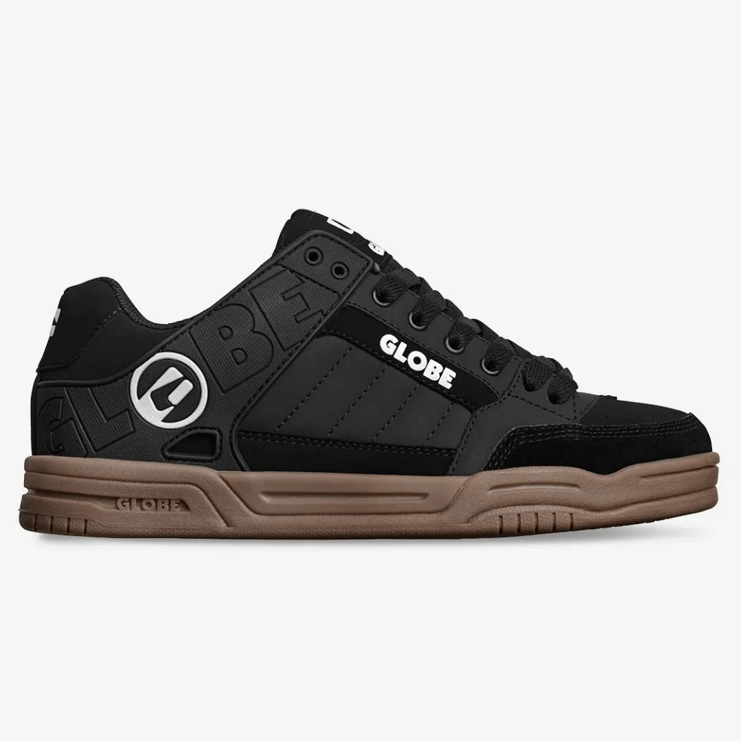 Side view of Globe Tilt skate shoe in onyx/black available from Stewart's Menswear in Mullumbimby.