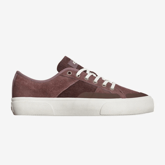 Stewarts Menswear Globe Surplus Skate Shoe. Colourway is Mongoose upper with vulcanised antique coloured sole. Mongoose is a rich chestnutty colour. Features cord detail on side panels and tongue of shoe. Photo shows side view.