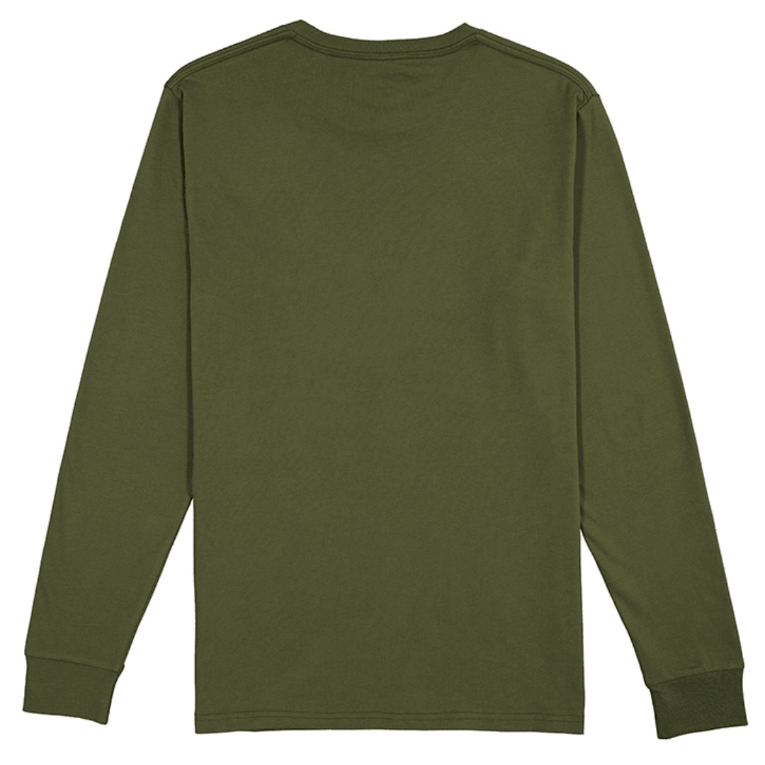 Back view of Goodmates Basis Long Sleeve Tee in army green, classic fit cotton jersey shirt with UPF 50+ available at Stewart's Menswear Mullumbimby.