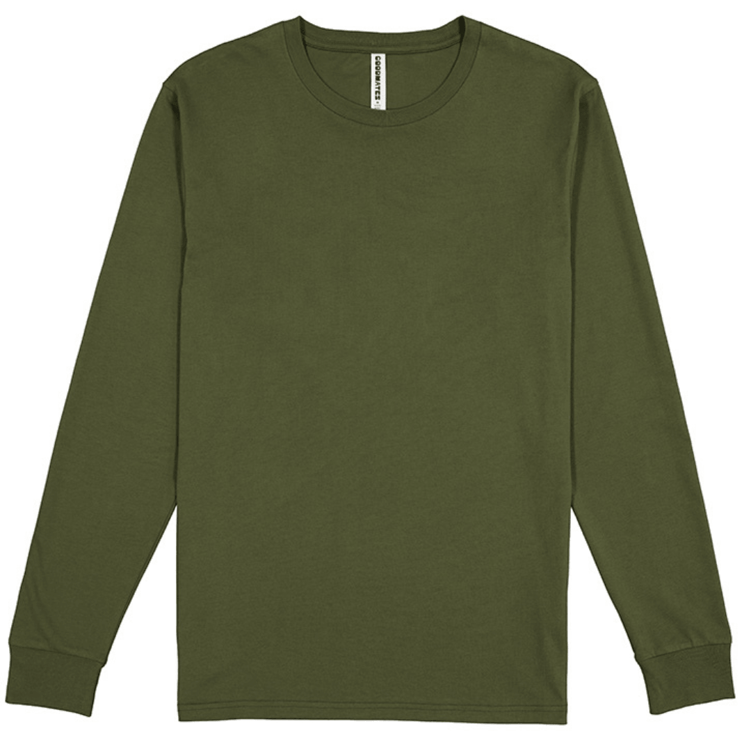 Front view of Goodmates Basis Long Sleeve Tee in army green, classic fit cotton jersey shirt with UPF 50+ available at Stewart's Menswear Mullumbimby.