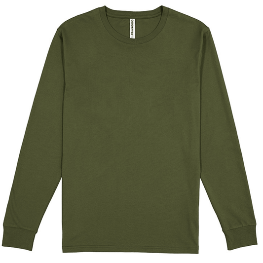 Front view of Goodmates Basis Long Sleeve Tee in army green, classic fit cotton jersey shirt with UPF 50+ available at Stewart's Menswear Mullumbimby.