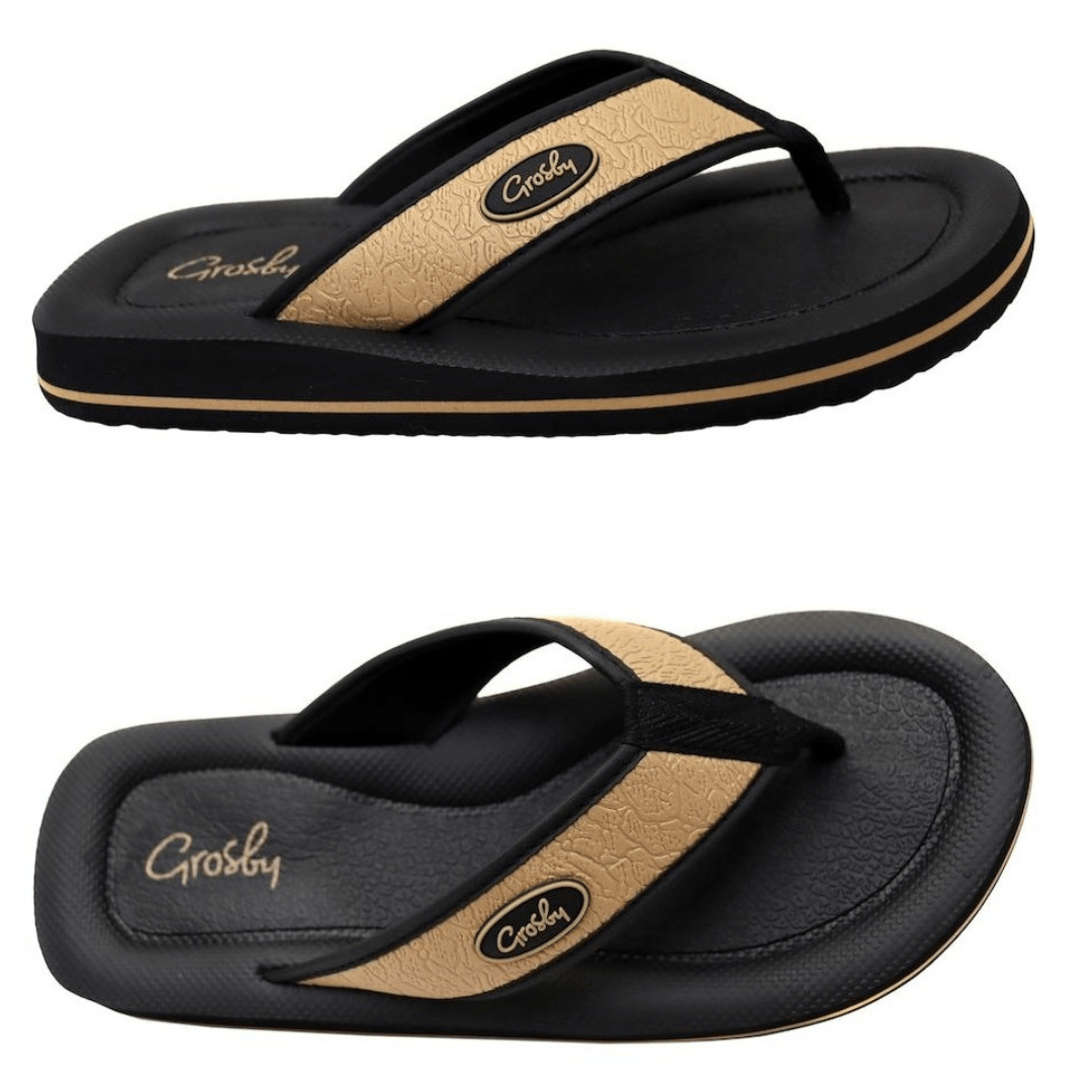 Grosby New Husky black and tan thong with cushioned EVA sole, available at Stewart's Menswear Mullumbimby.