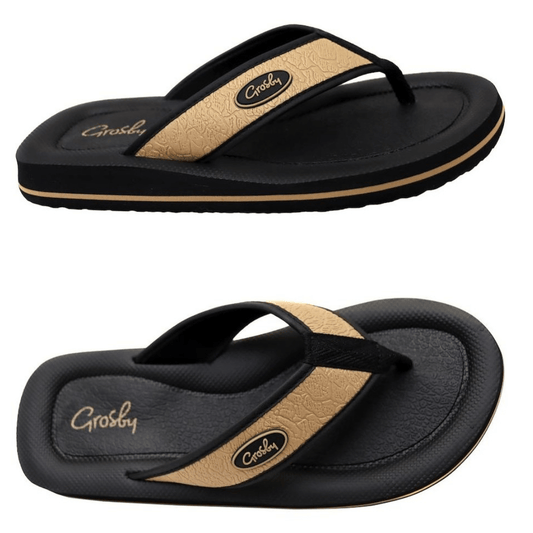 Grosby New Husky black and tan thong with cushioned EVA sole, available at Stewart's Menswear Mullumbimby.