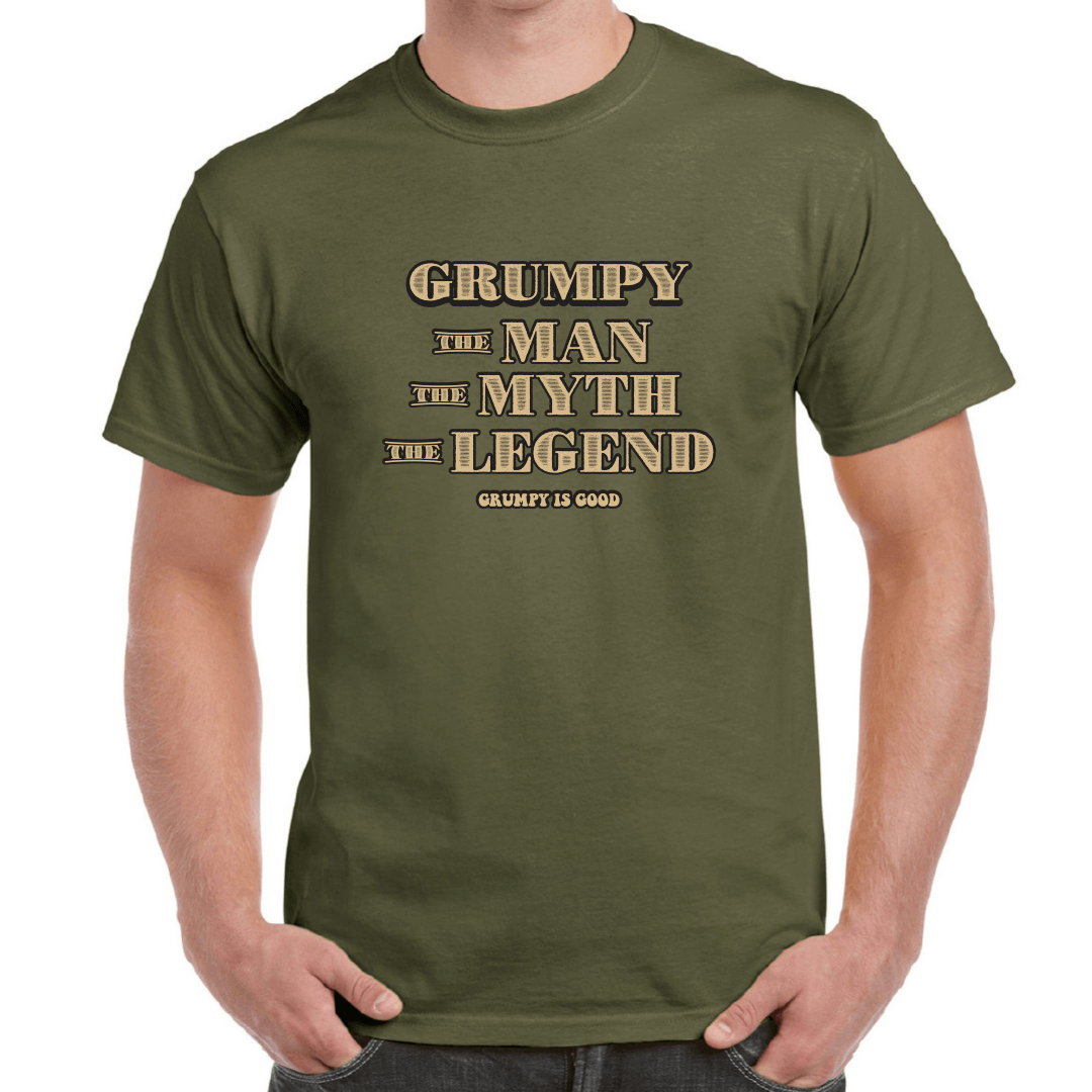 Stewarts Menswear Grumpy Is Good. The Man, The Myth, The Legend Tee-shirt. Colour is military green. The Man, The Myth, The Legend! A fun Grumpy guy themed slogan and the perfect gift for any man who enjoys wearing their personality and showing their confident style! Perfect for the "Grumpy Guy" in your life, give them a tee shirt they’ll wear and wear!
