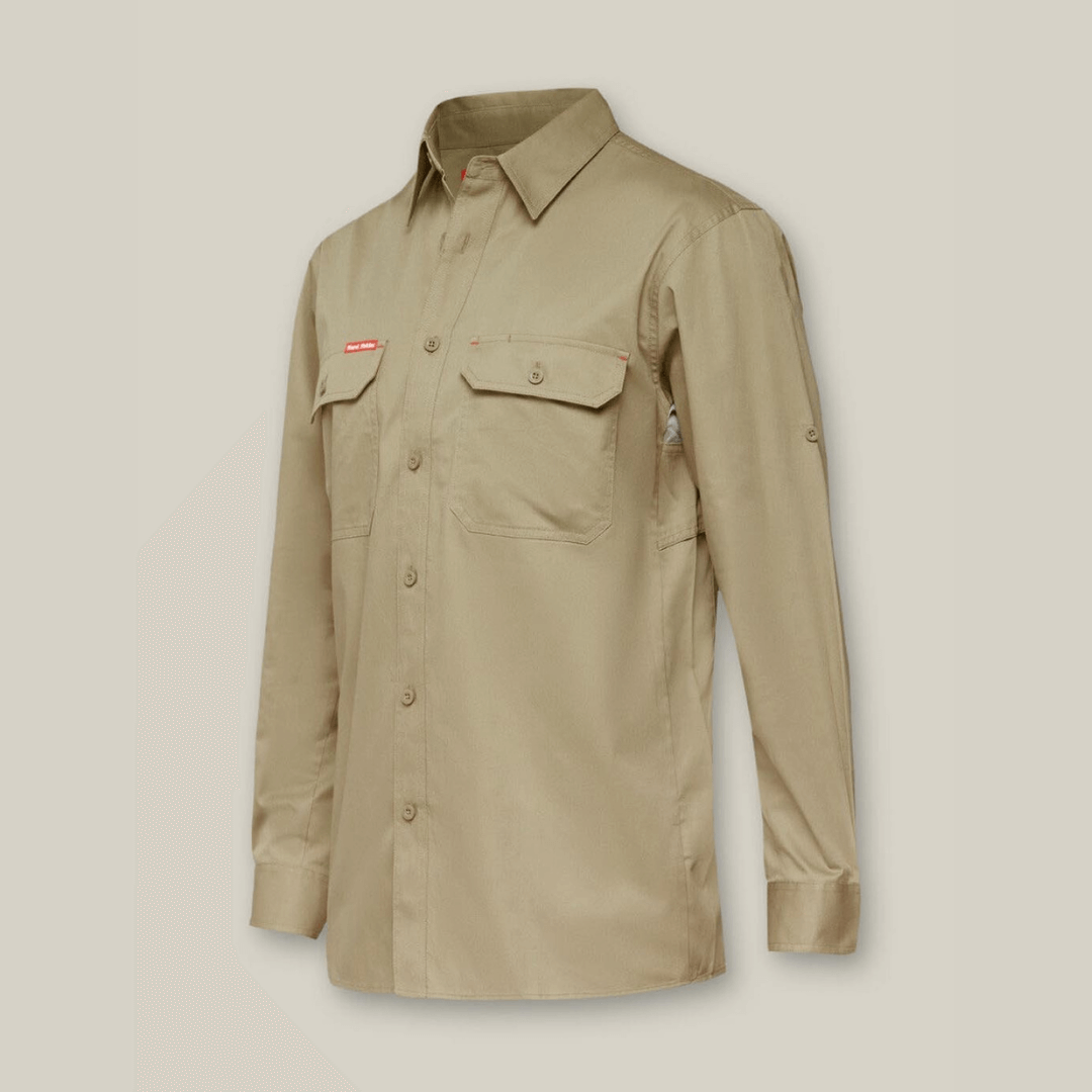 Khaki coloured Hard Yakka Core Long Sleeve Lightweight Vented Cotton Shirt with mesh venting and twin chest pockets, available at Stewart’s Menswear Mullumbimby.
