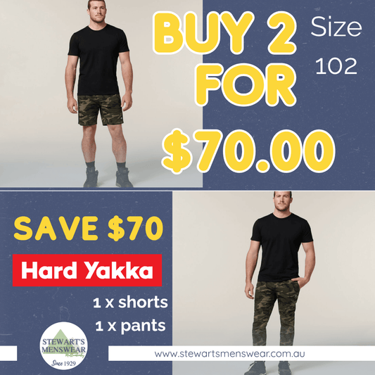 Promotional graphic for a clothing bundle showing a male model wearing a black t-shirt and camouflage shorts on the left, and a black t-shirt with camouflage pants on the right. Large yellow text reads 'BUY 2 FOR $70.
