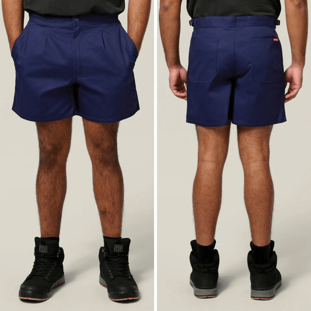 Front an back views of Navy coloured Hard Yakka relaxed fit cotton drill shorts with side tabs available from Stewart's Menswear, Mullumbimby.