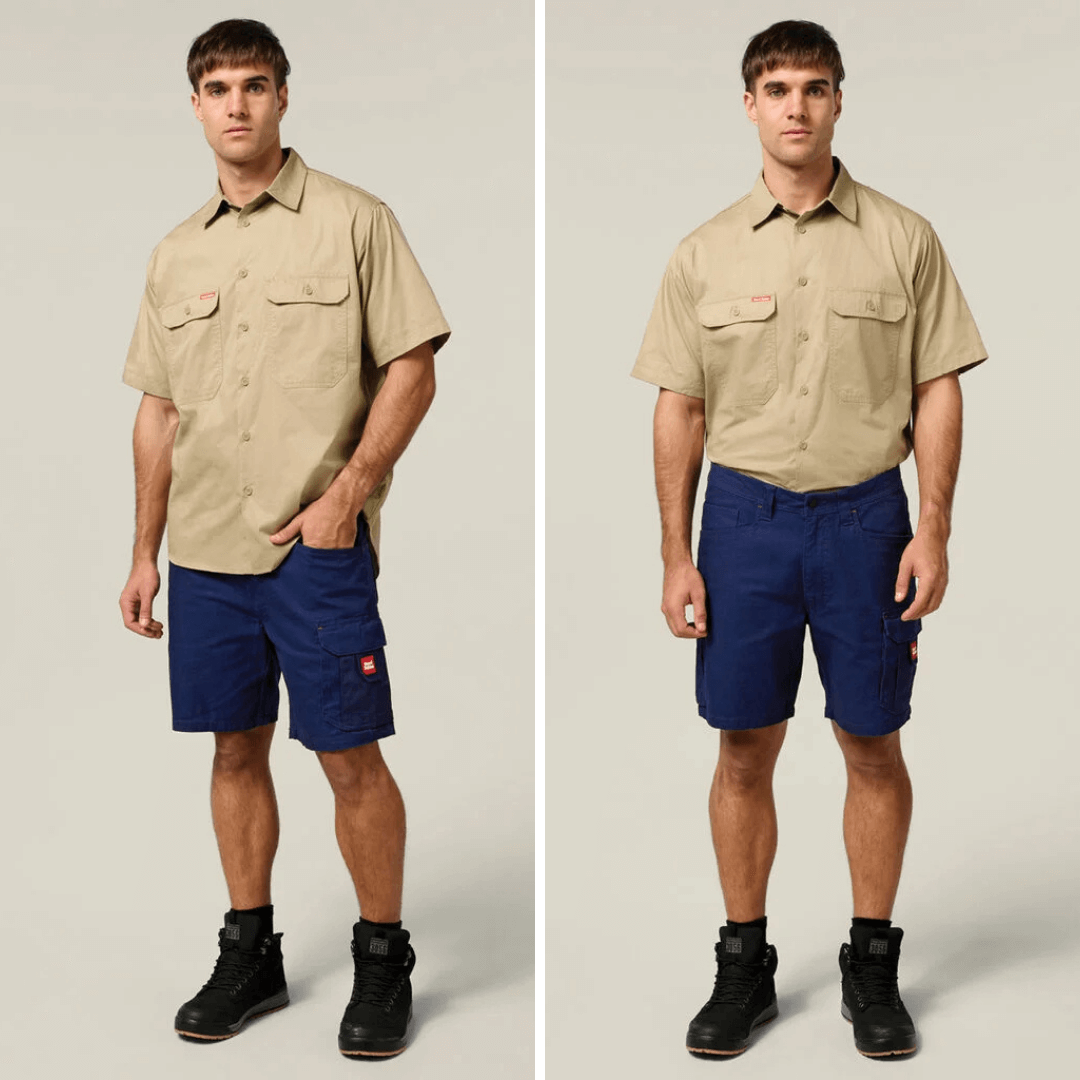 Khaki coloured Hard Yakka Core Short Sleeve Lightweight Vented Cotton Shirt with mesh venting and twin chest pockets, available at Stewart’s Menswear Mullumbimby.