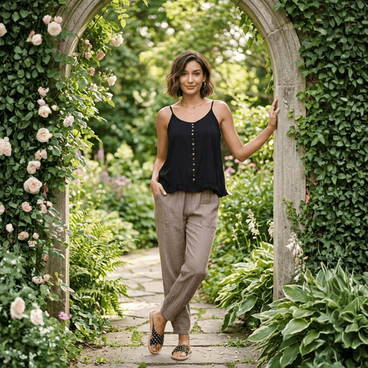 Woman wearing taupe linen pull-on pants and a black cami top, standing in a stone garden archway. Harlow Lane elastic waist linen pants in taupe available from Stewart's Menswear in Mullumbimby