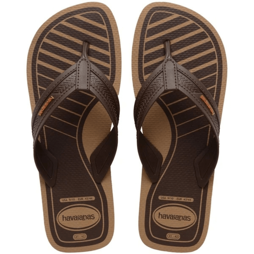 Havaianas City Basic men's thongs with a printed footbed and broad textured straps in Dark Brown, available at Stewart's Menswear Mullumbimby.