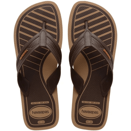 Havaianas City Basic men's thongs with a printed footbed and broad textured straps in Dark Brown, available at Stewart's Menswear Mullumbimby.