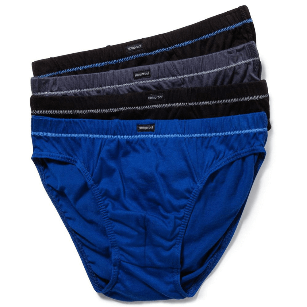 Stewarts Menswear Holeproof mens cotton brief 4 pack. 2 x black, 1 x royal, 1 x charcoal