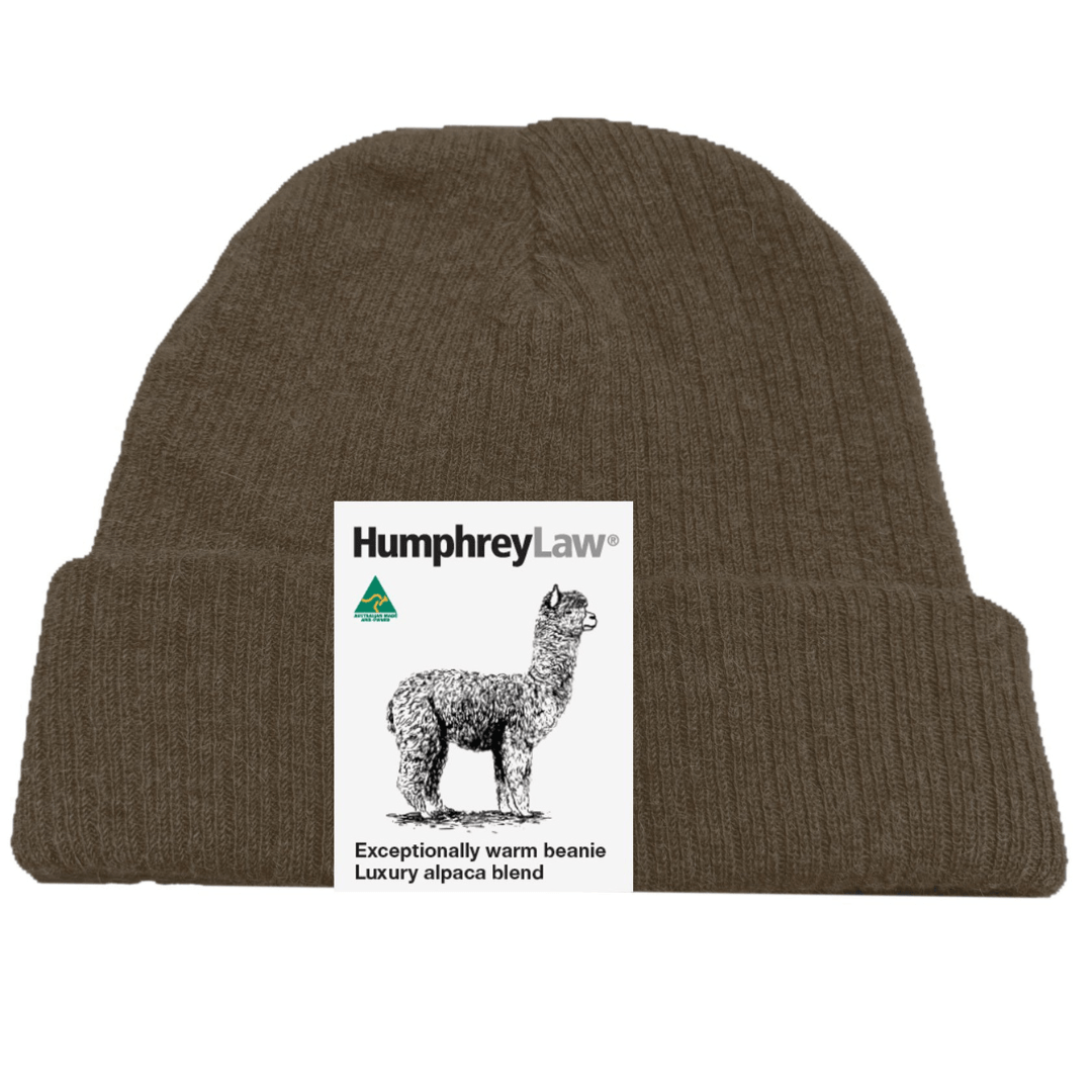 Humphrey Law alpaca beanie in coffee, a soft warm baby alpaca blend beanie available at Stewart's Menswear Mullumbimby. 